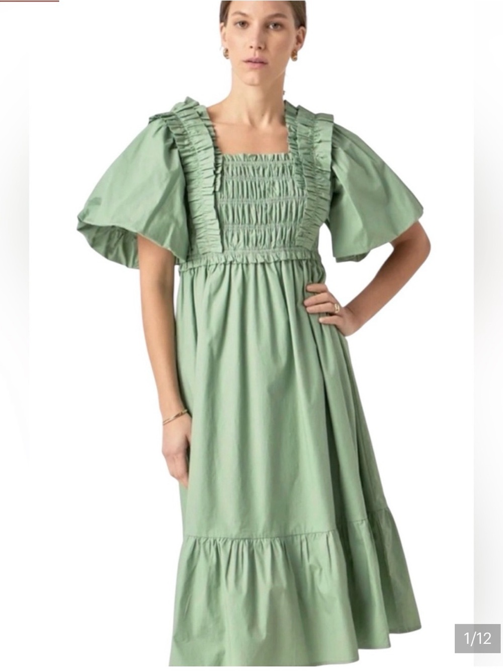 English Factory Sage Green Ruffle Smocked Midi Dress
